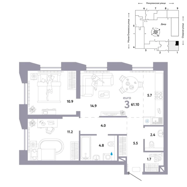 Новая 3-к квартира
 61.1 м² на 7/30 этаже в ЖК «Страна.Озёрная» в городе Тюмень 