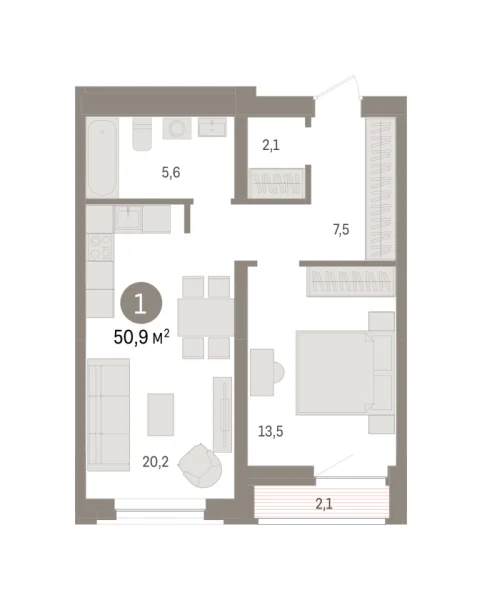 Новая 1-к квартира
 50.8 м² на 4/10 этаже в ЖК «Речной порт» в городе Тюмень 