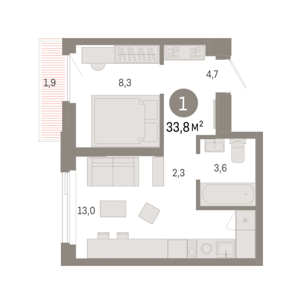 Новая 1-к квартира
 33.82 м² на 8/25 этаже в ЖК «Зарека» в городе Тюмень 