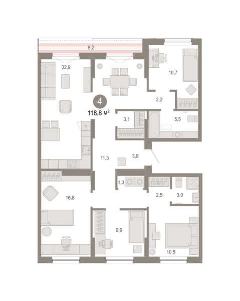 Новая 4-к квартира
 118.83 м² на 8/9 этаже в ЖК «Октябрьский на Туре» в городе Тюмень 