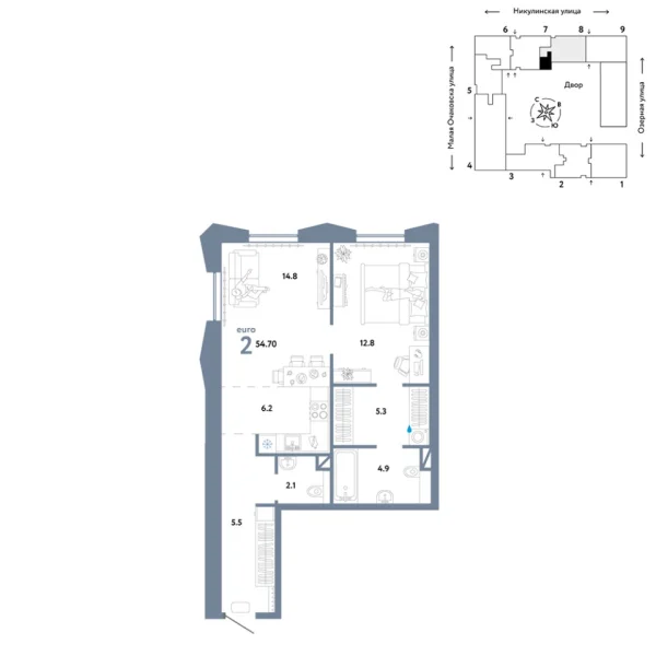 Новая 2-к квартира
 54.7 м² на 2/30 этаже в ЖК «Страна.Озёрная» в городе Тюмень 