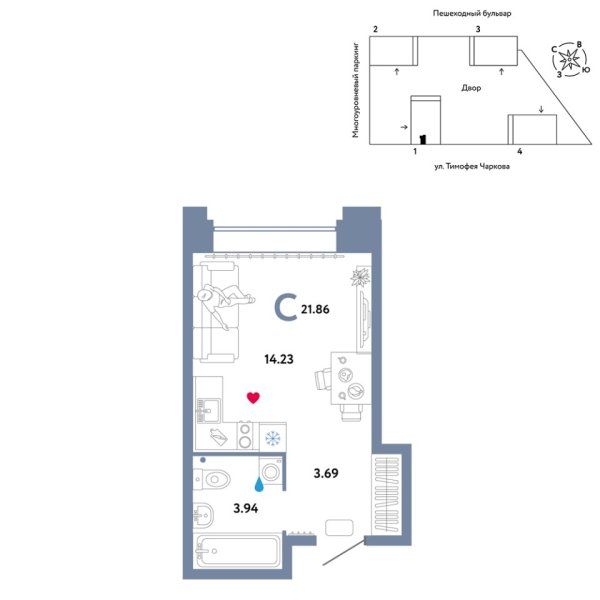 Новая квартира-студия
 21.86 м² на 29/31 этаже в ЖК «Звёздный» в городе Тюмень 