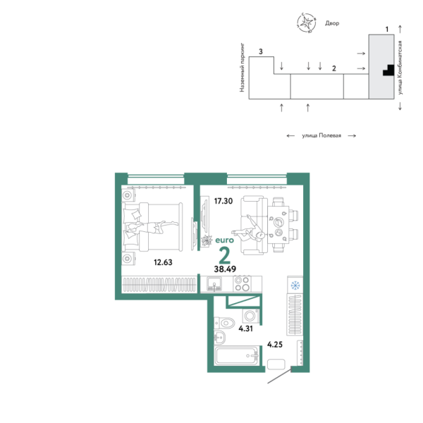 Новая 2-к квартира
 38.49 м² на 4/16 этаже в ЖК «Авторский» в городе Тюмень 