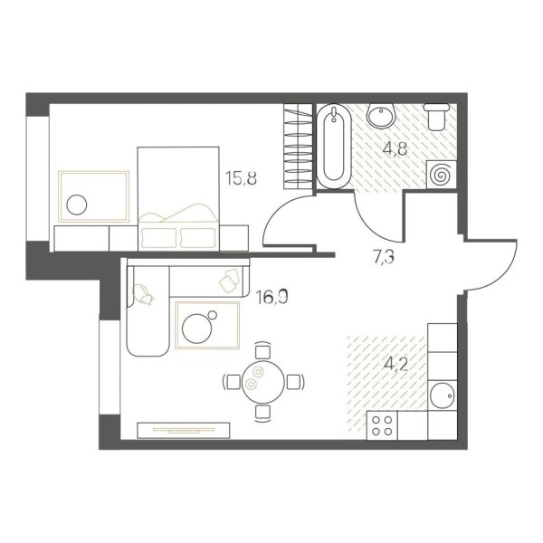 Новая 1-к квартира
 49 м² на 6/12 этаже в ЖК «White House» в городе Тюмень 