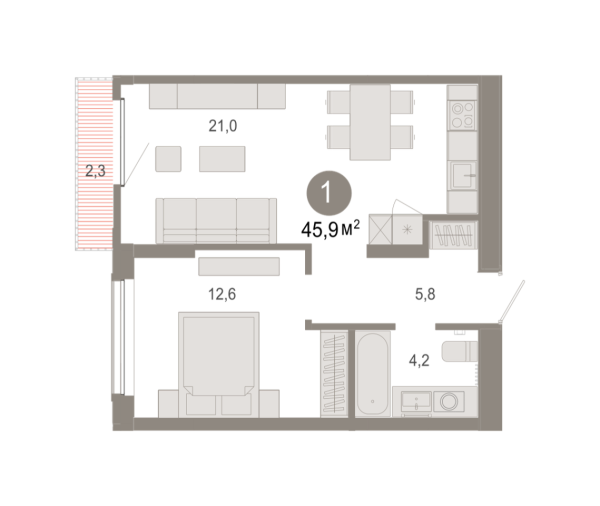 Новая 1-к квартира
 45.93 м² на 12/17 этаже в ЖК «Октябрьский на Туре» в городе Тюмень 