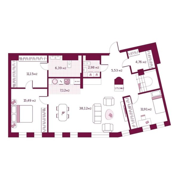 Новая 2-к квартира
 175.94 м² на 5/6 этаже в ЖК «Secret Place» в городе Тюмень 