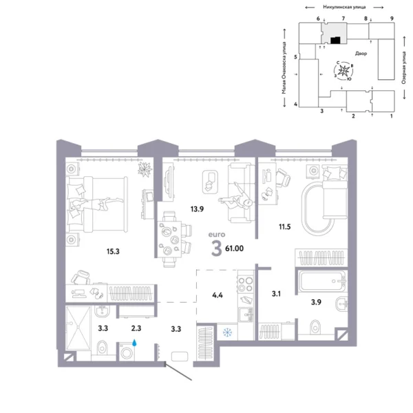 Новая 3-к квартира
 61 м² на 20/30 этаже в ЖК «Страна.Озёрная» в городе Тюмень 