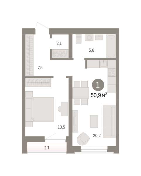 Новая 1-к квартира
 50.9 м² на 4/8 этаже в ЖК «Речной порт» в городе Тюмень 