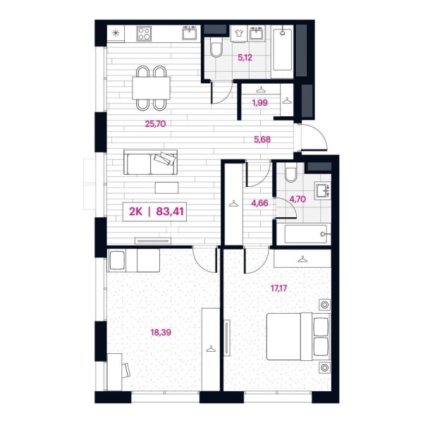 Новая 2-к квартира
 83.41 м² на 4/16 этаже в ЖК «Пушкина» в городе Тюмень 