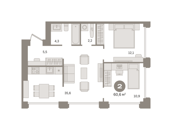 Новая 2-к квартира
 60.6 м² на 2/8 этаже в ЖК «Дом «А»» в городе Тюмень 