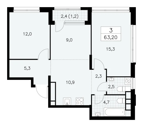 Новая 3-к квартира
 63.2 м² на 29/30 этаже в ЖК «Южные сады» в городе Тюмень 