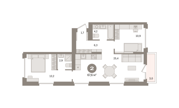 Новая 2-к квартира
 67.58 м² на 3/9 этаже в ЖК «Первый квартал» в городе Тюмень 