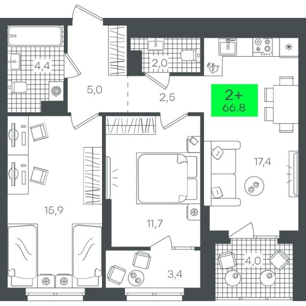 Новая 2-к квартира
 66.83 м² на 10/22 этаже в ЖК «Гранд Квартал» в городе Тюмень 