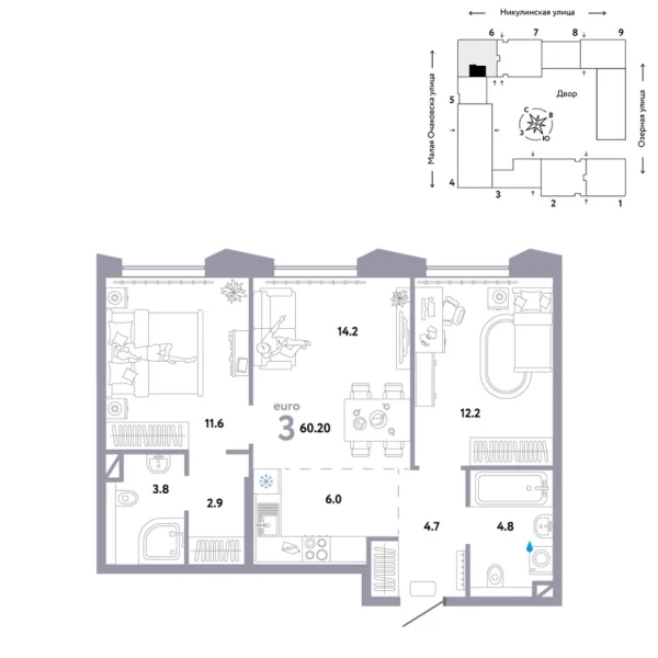 Новая 3-к квартира
 60.2 м² на 23/30 этаже в ЖК «Страна.Озёрная» в городе Тюмень 