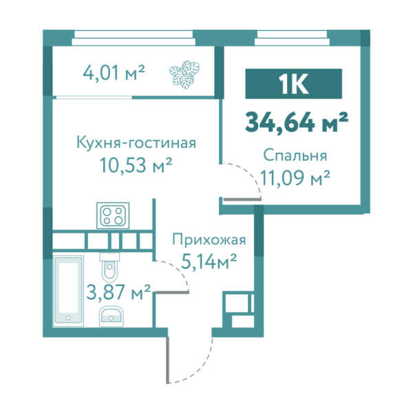 Новая 1-к квартира
 34.64 м² на 5/10 этаже в ЖК «Акватория» в городе Тюмень 