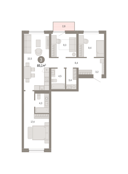 Новая 3-к квартира
 85.09 м² на 5/8 этаже в ЖК «Южные кварталы» в городе Тюмень 