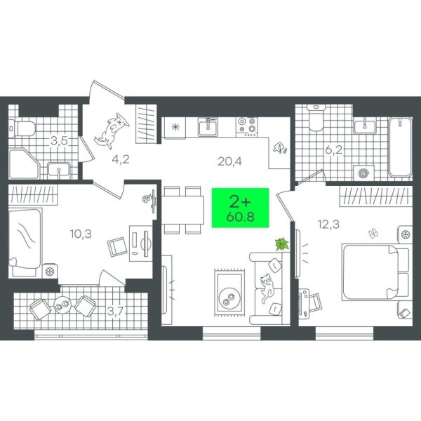 Новая 2-к квартира
 60.88 м² на 4/19 этаже в ЖК «Гранд Квартал» в городе Тюмень 