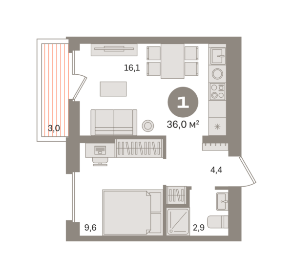 Новая 1-к квартира
 36.02 м² на 3/9 этаже в ЖК «Первый квартал» в городе Тюмень 