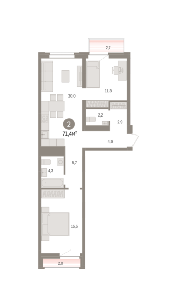 Новая 2-к квартира
 71.2 м² на 5/10 этаже в ЖК «Речной порт» в городе Тюмень 