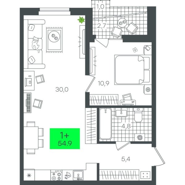 Новая 1-к квартира
 54.97 м² на 2/12 этаже в ЖК «Гранд Квартал» в городе Тюмень 