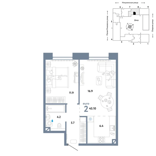 Новая 2-к квартира
 45.1 м² на 3/30 этаже в ЖК «Страна.Озёрная» в городе Тюмень 