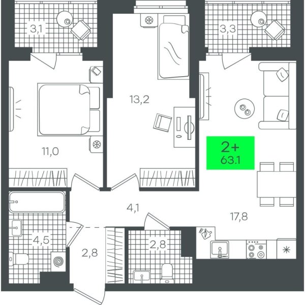Новая 2-к квартира
 63.17 м² на 18/22 этаже в ЖК «Гранд Квартал» в городе Тюмень 
