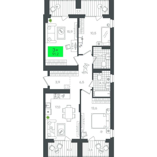 Новая 3-к квартира
 91.25 м² на 11/12 этаже в ЖК «Гранд Квартал» в городе Тюмень 
