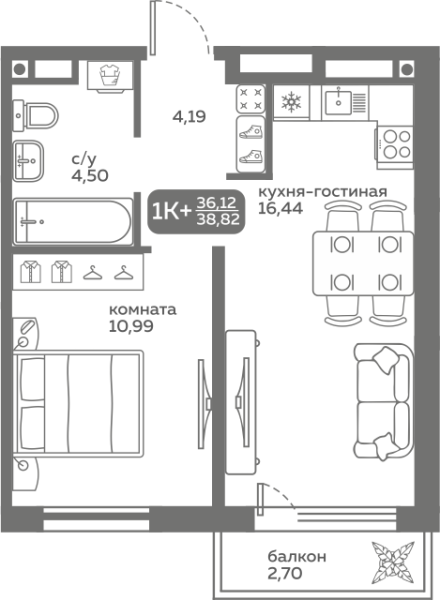 Новая 1-к квартира
 58.84 м² на 13/20 этаже в ЖК «Меридиан Слобода» в городе Тюмень 