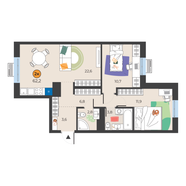 Новая 2-к квартира
 62.2 м² на 9/25 этаже в ЖК «Корней» в городе Тюмень 