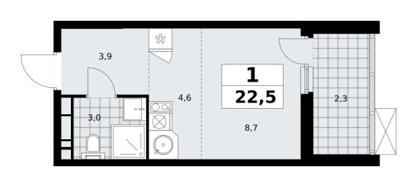 Новая 1-к квартира
 22.5 м² на 16/18 этаже в ЖК «Скандинавия» в городе Тюмень 
