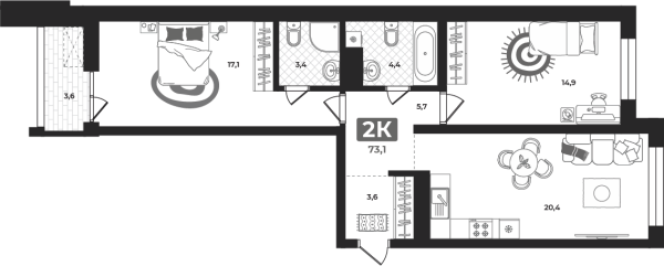 Новая 2-к квартира
 73.1 м² на 2/23 этаже в ЖК «Маэстро» в городе Тюмень 