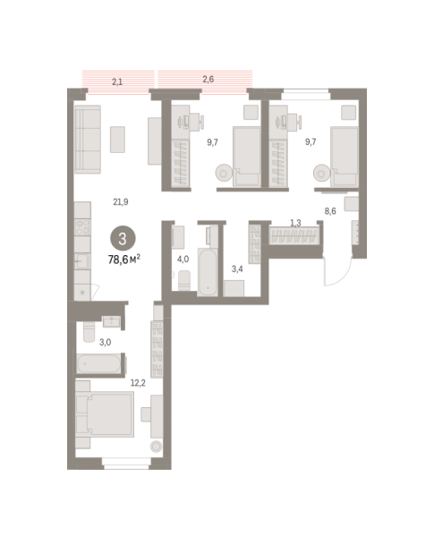 Новая 3-к квартира
 78.58 м² на 5/9 этаже в ЖК «Брусника в Академическом» в городе Тюмень 