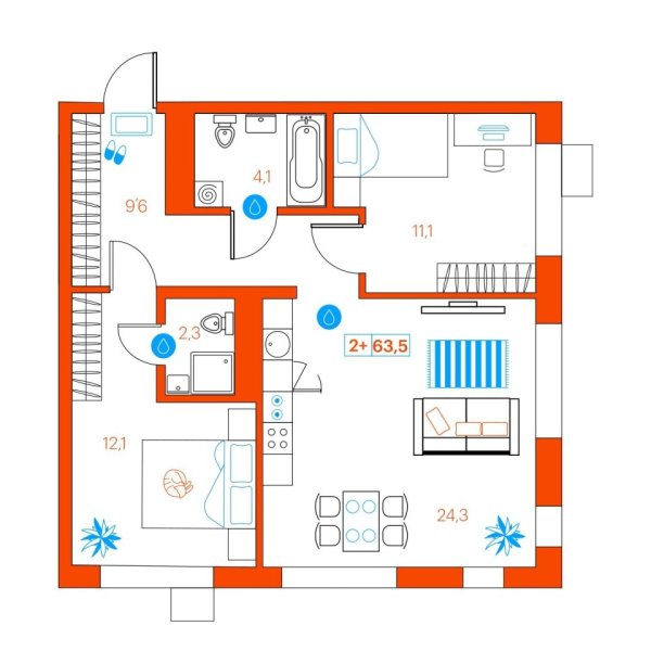 Новая 2-к квартира
 63.4 м² на 15/22 этаже в ЖК «SuperSky» в городе Тюмень 