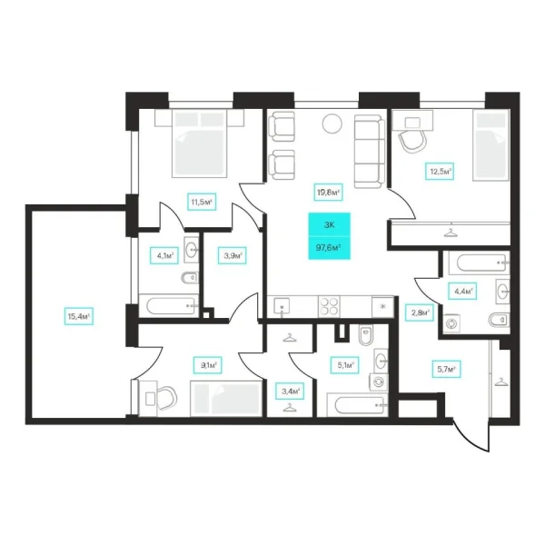 Новая 3-к квартира
 97.6 м² на 2/23 этаже в ЖК «Futuro» в городе Тюмень 