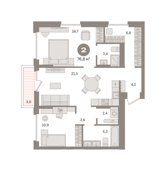 Новая 2-к квартира
 76.78 м² на 11/17 этаже в ЖК «Первый квартал» в городе Тюмень 