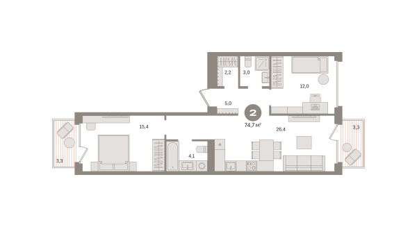 Новая 2-к квартира
 74.7 м² на 3/6 этаже в ЖК «Дом «А»» в городе Тюмень 