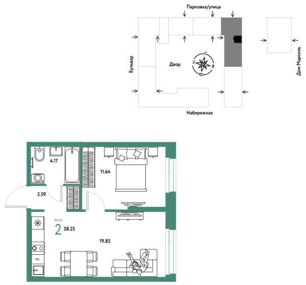 Новая 2-к квартира
 38.25 м² на 4/24 этаже в ЖК «Европейский берег 2.0» в городе Тюмень 