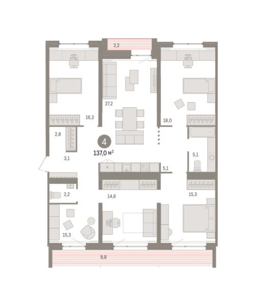 Новая 4-к квартира
 136.95 м² на 8/9 этаже в ЖК «Новин» в городе Тюмень 