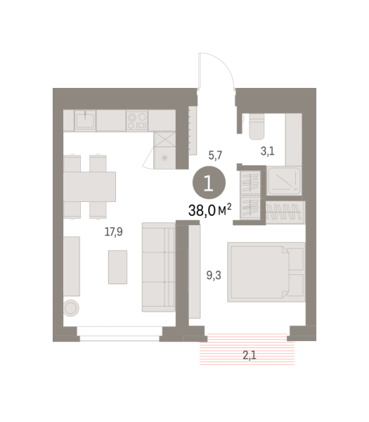 Новая 1-к квартира
 38.02 м² на 5/9 этаже в ЖК «Брусника в Академическом» в городе Тюмень 