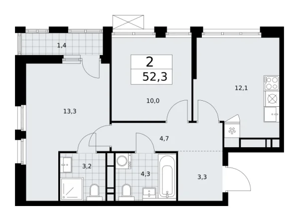 Новая 2-к квартира
 52.3 м² на 18/18 этаже в ЖК «Бунинские кварталы» в городе Тюмень 