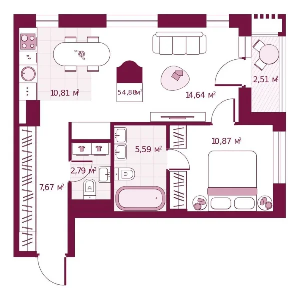 Новая 1-к квартира
 54.88 м² на 2/6 этаже в ЖК «Secret Place» в городе Тюмень 