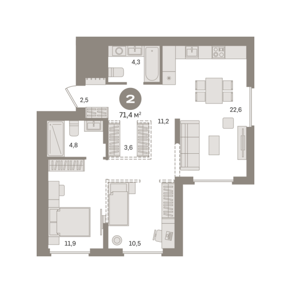Новая 2-к квартира
 71.44 м² на 17/17 этаже в ЖК «Первый квартал» в городе Тюмень 