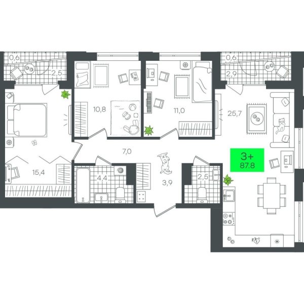 Новая 3-к квартира
 87.83 м² на 10/21 этаже в ЖК «Гранд Квартал» в городе Тюмень 