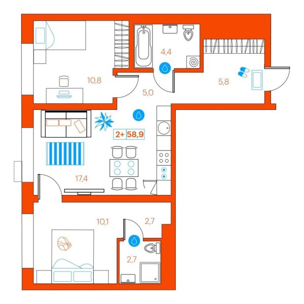 Новая 2-к квартира
 58.9 м² на 19/22 этаже в ЖК «SuperSky» в городе Тюмень 