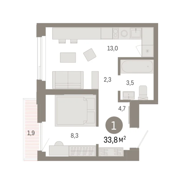 Новая 1-к квартира
 33.81 м² на 7/25 этаже в ЖК «Зарека» в городе Тюмень 