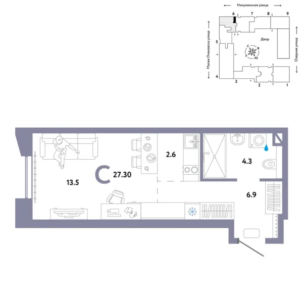 Новая квартира-студия
 27.3 м² на 5/30 этаже в ЖК «Страна.Озёрная» в городе Тюмень 