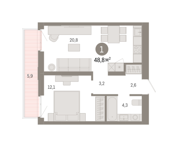 Новая 1-к квартира
 48.75 м² на 6/9 этаже в ЖК «Республики 205» в городе Тюмень 