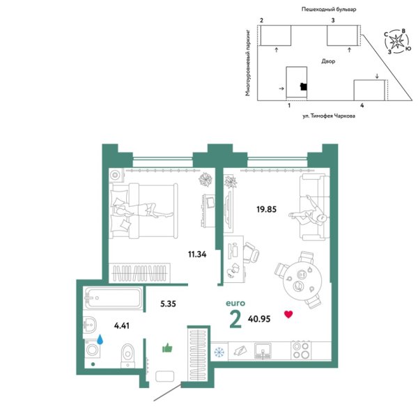 Новая 2-к квартира
 40.95 м² на 14/31 этаже в ЖК «Звёздный» в городе Тюмень 