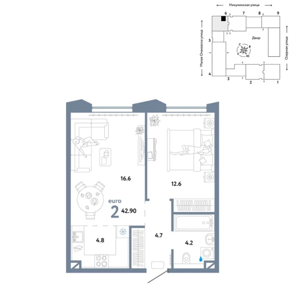 Новая 2-к квартира
 42.9 м² на 16/30 этаже в ЖК «Страна.Озёрная» в городе Тюмень 