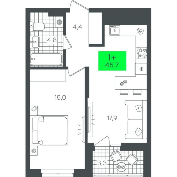 Новая 1-к квартира
 45.76 м² на 9/22 этаже в ЖК «Гранд Квартал» в городе Тюмень 